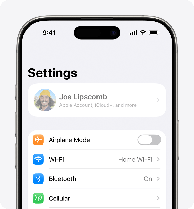 iPhone screen showing the owner's name grayed out at the top of Settings.