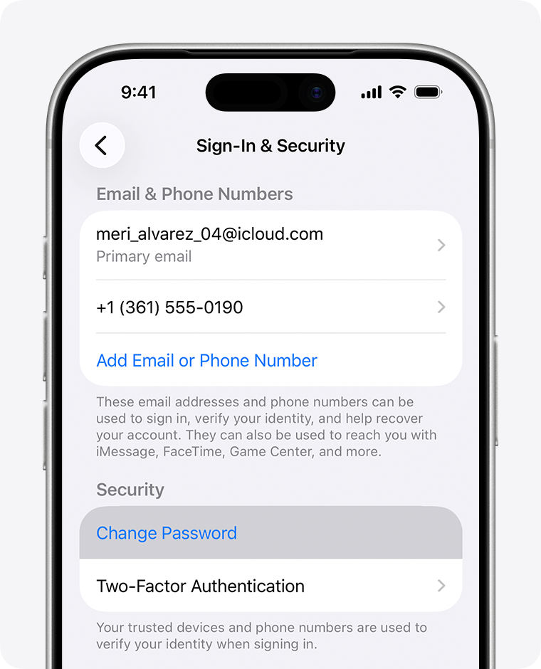iPhone showing the Change Password button in Settings