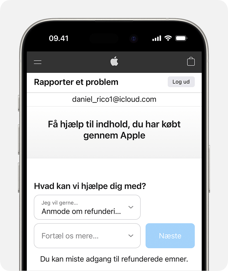 iPhone, der viser webstedet Rapporter et problem, hvor du kan anmode om refundering. Når du har valgt Anmod om refundering, skal du vælge årsagen til, at du beder om refunderingen.