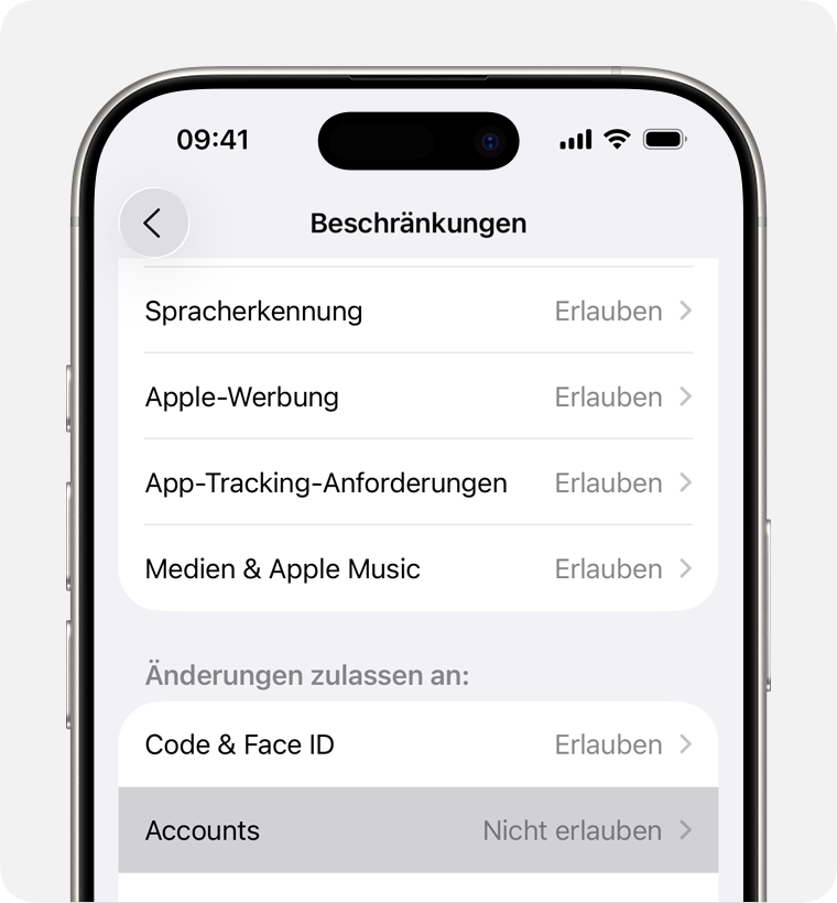 iPhone-Bildschirm, auf dem die „Beschränkungen“ angezeigt werden, die du unter „Bildschirmzeit“ aktivieren kannst.