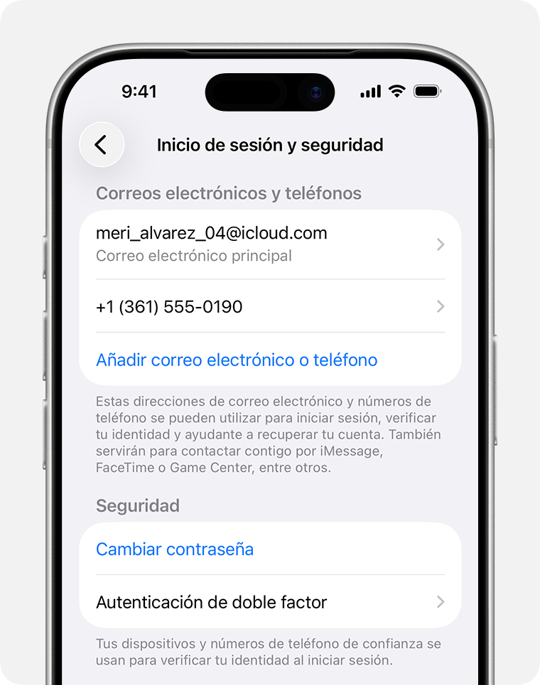 En los ajustes de la cuenta de Apple, localiza las direcciones de correo electrónico y los números de teléfono que puedes usar para iniciar sesión en tu cuenta de Apple.