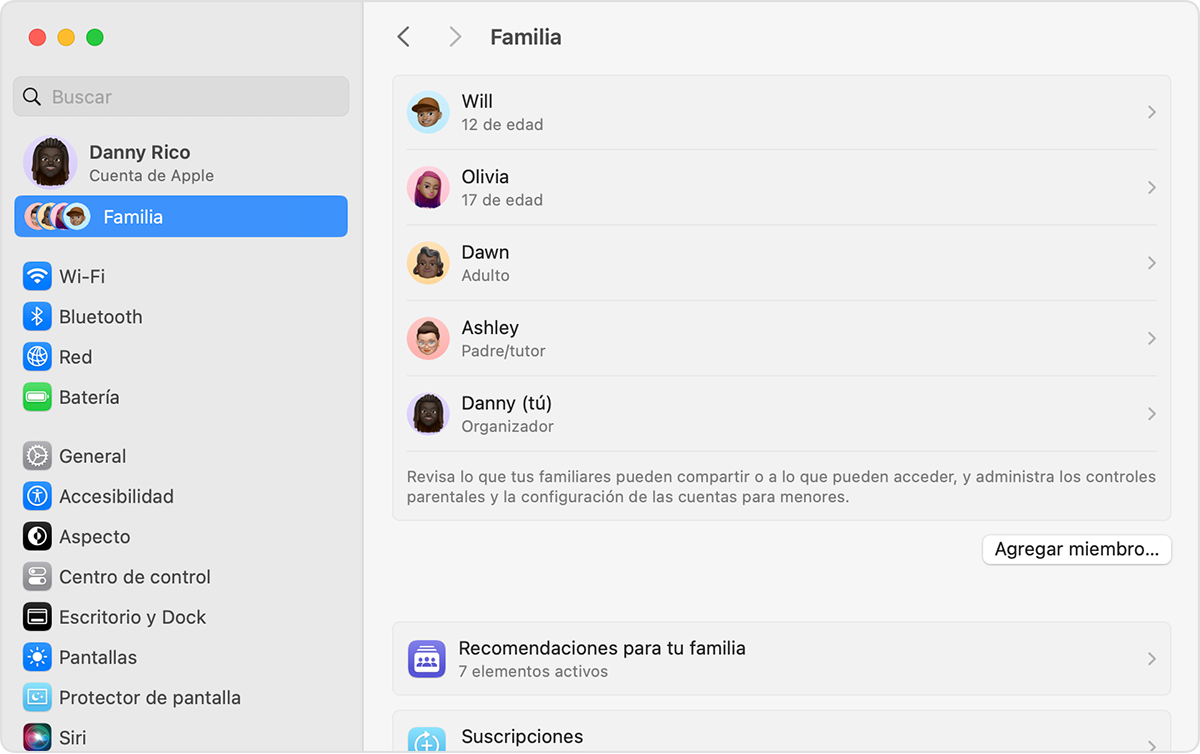 Pantalla de macOS en la que se muestran los pasos para agregar un miembro a tu grupo de Compartir en familia.