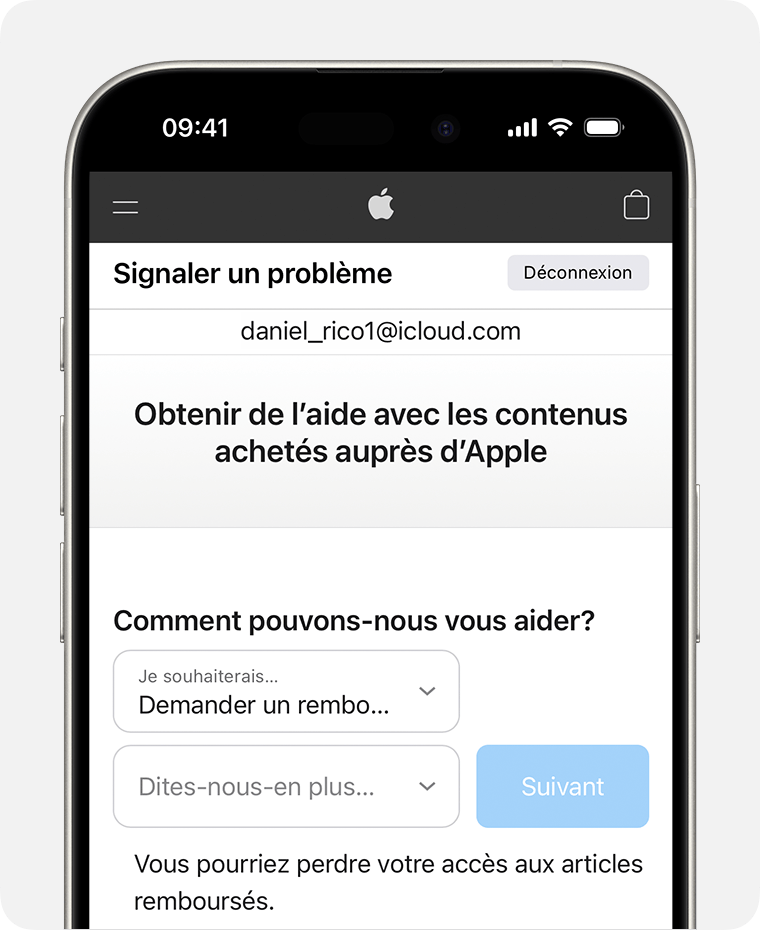 iPhone affichant le site web Signaler un problème, qui vous permet de demander un remboursement. Après avoir sélectionné Demander un remboursement, sélectionnez la raison pour laquelle vous demandez le remboursement.