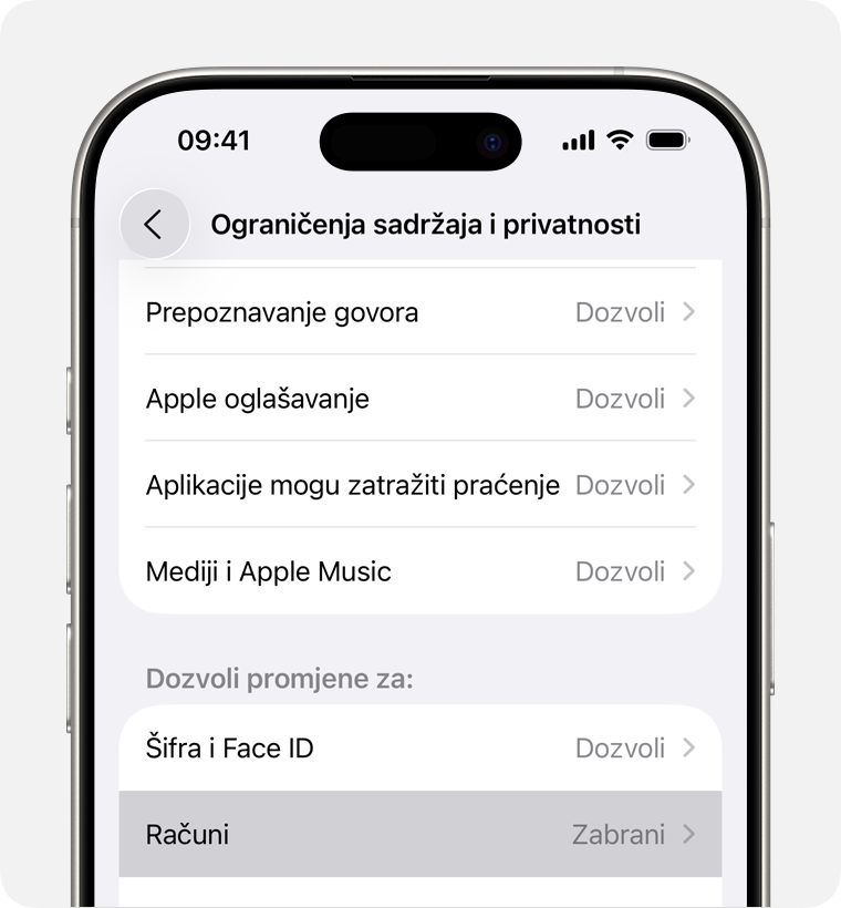 Zaslon iPhonea na kojem se prikazuju Ograničenja sadržaja i privatnost koja možete aktivirati pod Vrijeme uporabe zaslona.