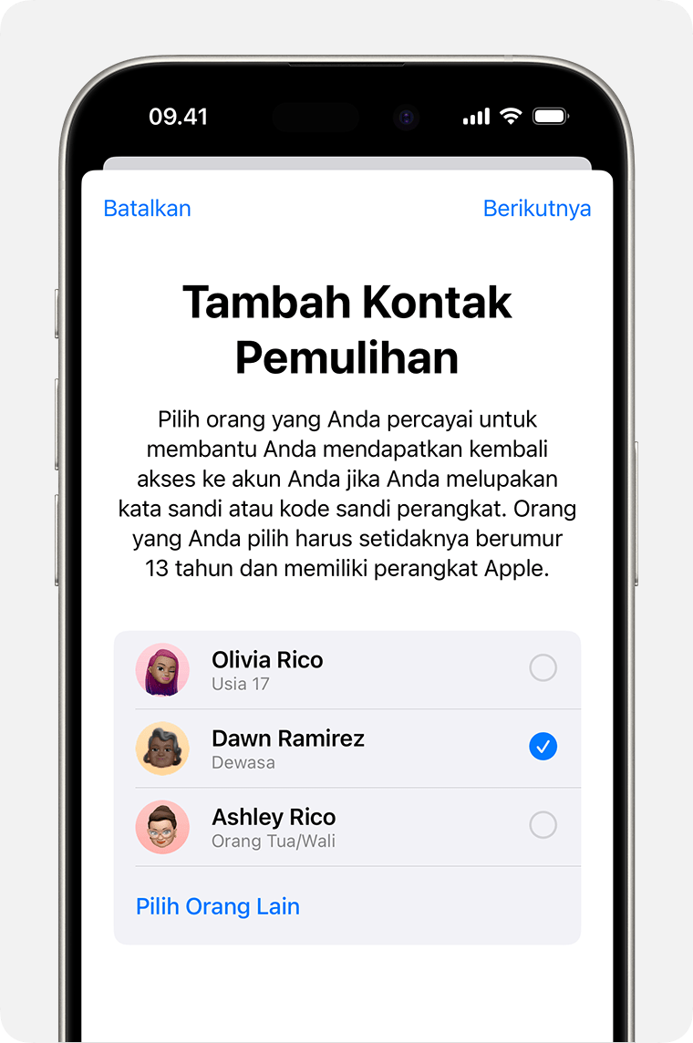 Layar iPhone menampilkan kontak yang dapat ditambahkan sebagai Kontak Pemulihan