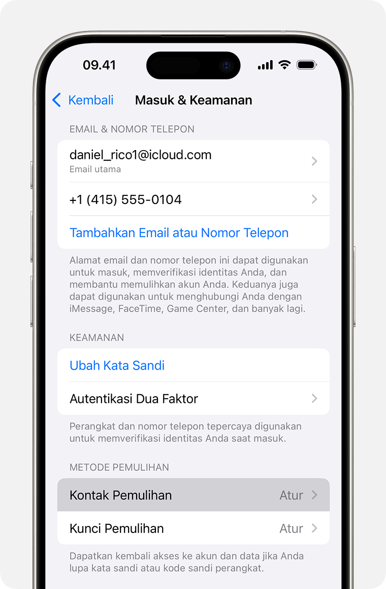 iPhone menampilkan pengaturan Akun Apple dan cara menambahkan Kontak Pemulihan