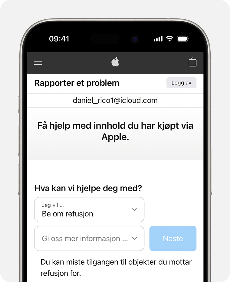 iPhone som viser Rapporter et problem-nettstedet der du kan be om refusjon. Når du har valgt Be om refusjon, velger du årsaken til at du ber om refusjonen.