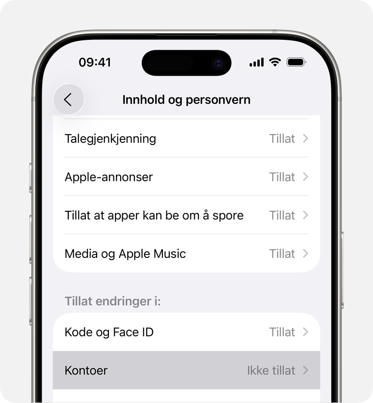 iPhone-skjerm som viser Innhold og personvern, som du kan aktivere i Skjermtid.