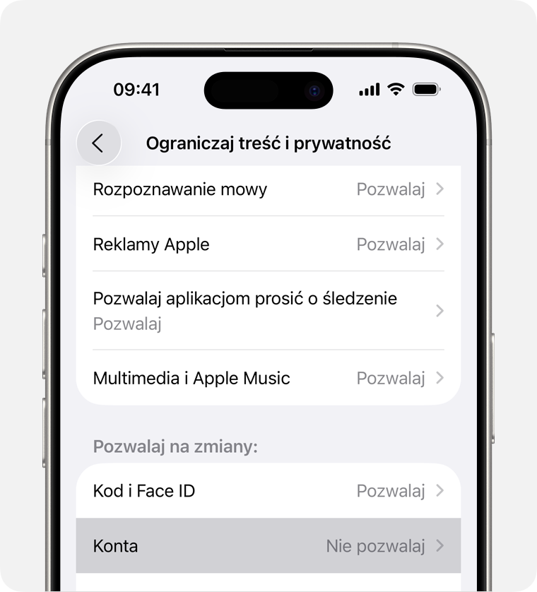 Ekran iPhone’a pokazujący opcje Ograniczaj treść i prywatność, które można włączyć w funkcji Czas przed ekranem.