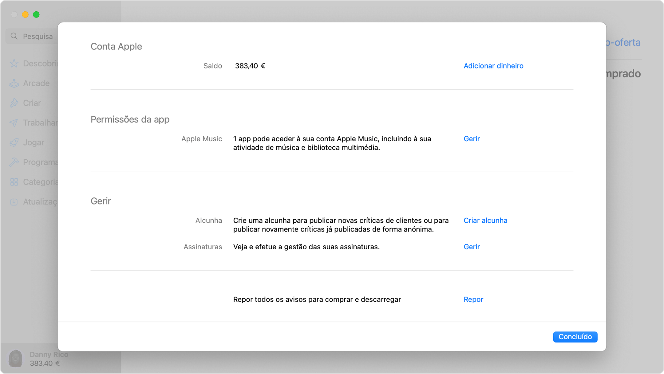 Definições da conta Apple na App Store no Mac.