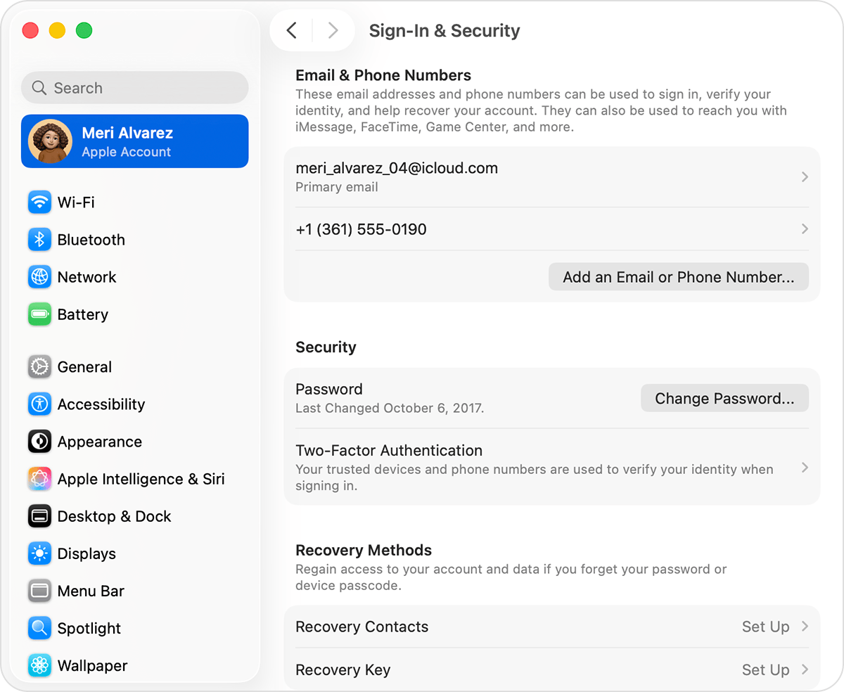 Mac showing sign-in and security settings