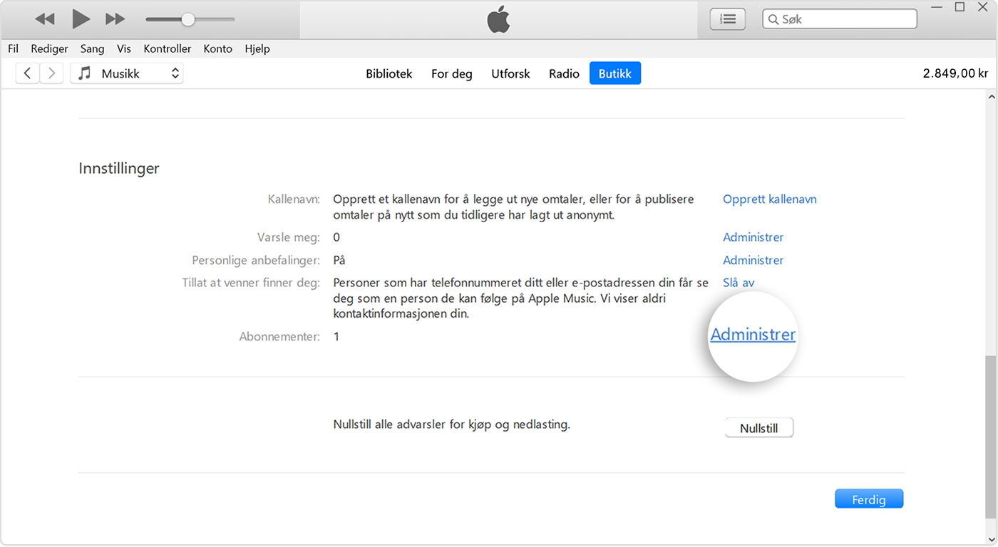 Administrer-knappen ved siden av Abonnementer i iTunes.