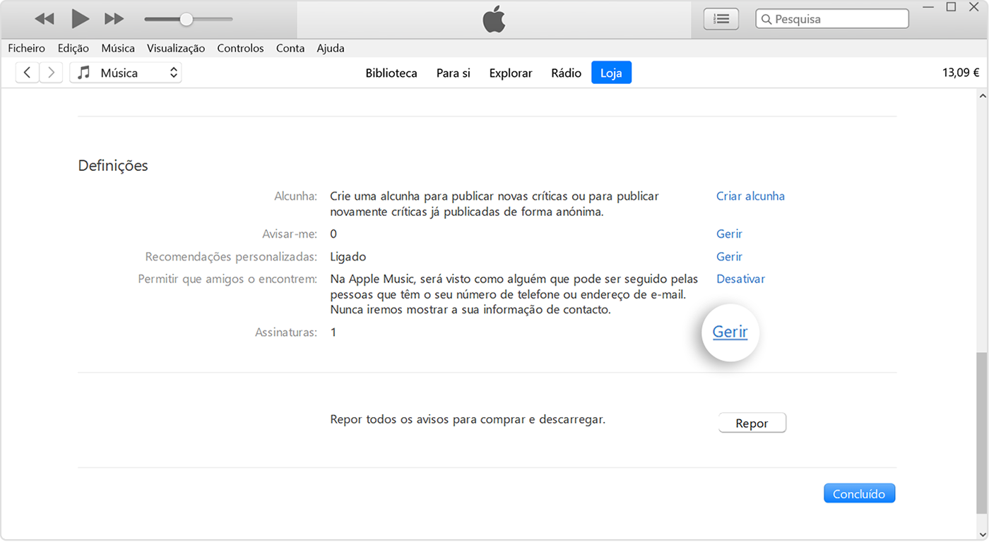 Botão Gerir junto a Assinaturas no iTunes.