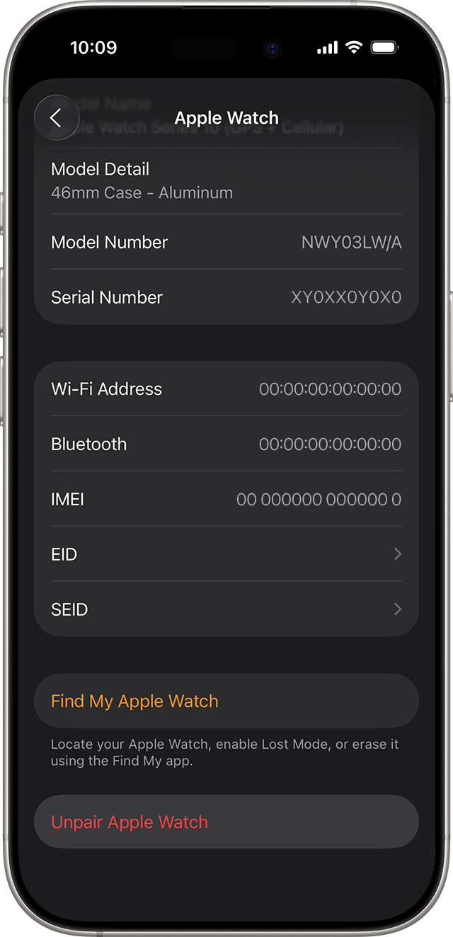 iPhone screen showing Unpair Apple Watch option