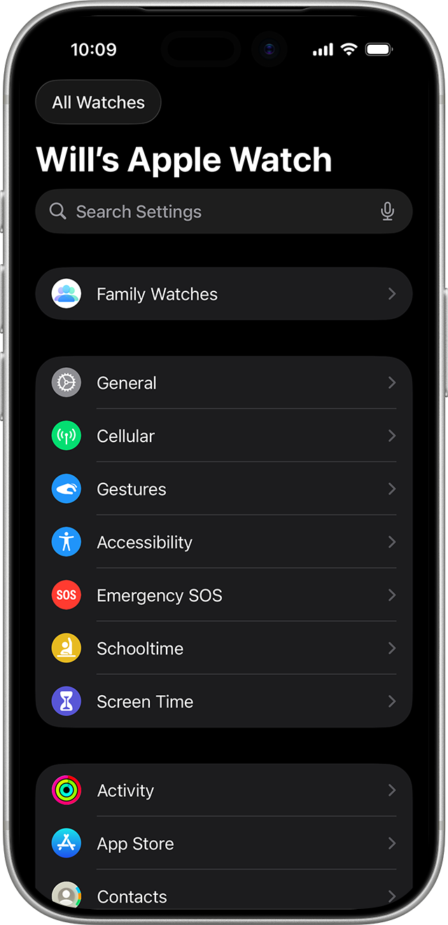 iPhone showing the Settings screen for a managed Apple Watch