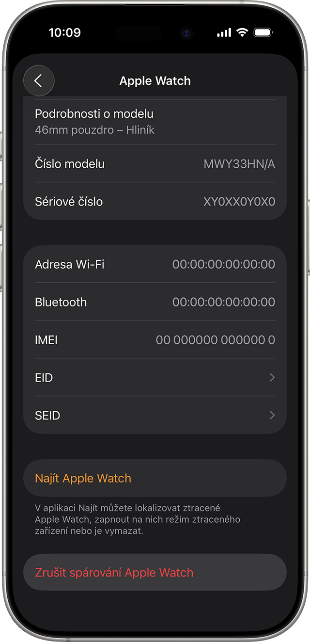 Obrazovka iPhonu s možností Zrušit spárování Apple Watch