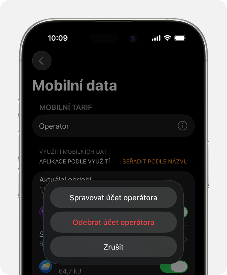 iPhone ukazující obrazovku Mobilní data v aplikaci Watch