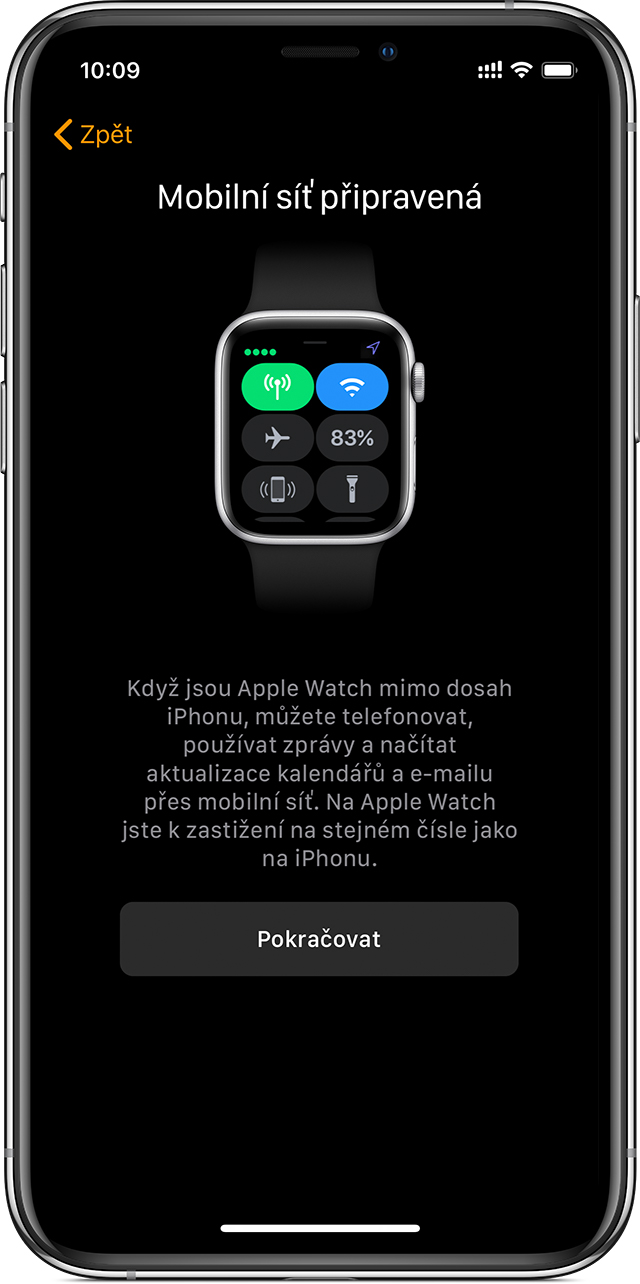 Obrazovka nastavení mobilní sítě na iPhonu ukazující, že mobilní síť je připravena k použití na Apple Watch.