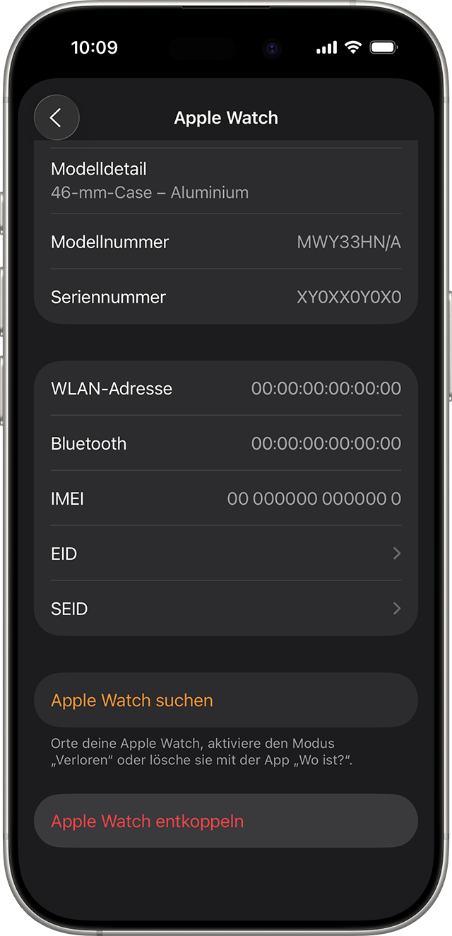 iPhone-Bildschirm mit der Option „Apple Watch entkoppeln“