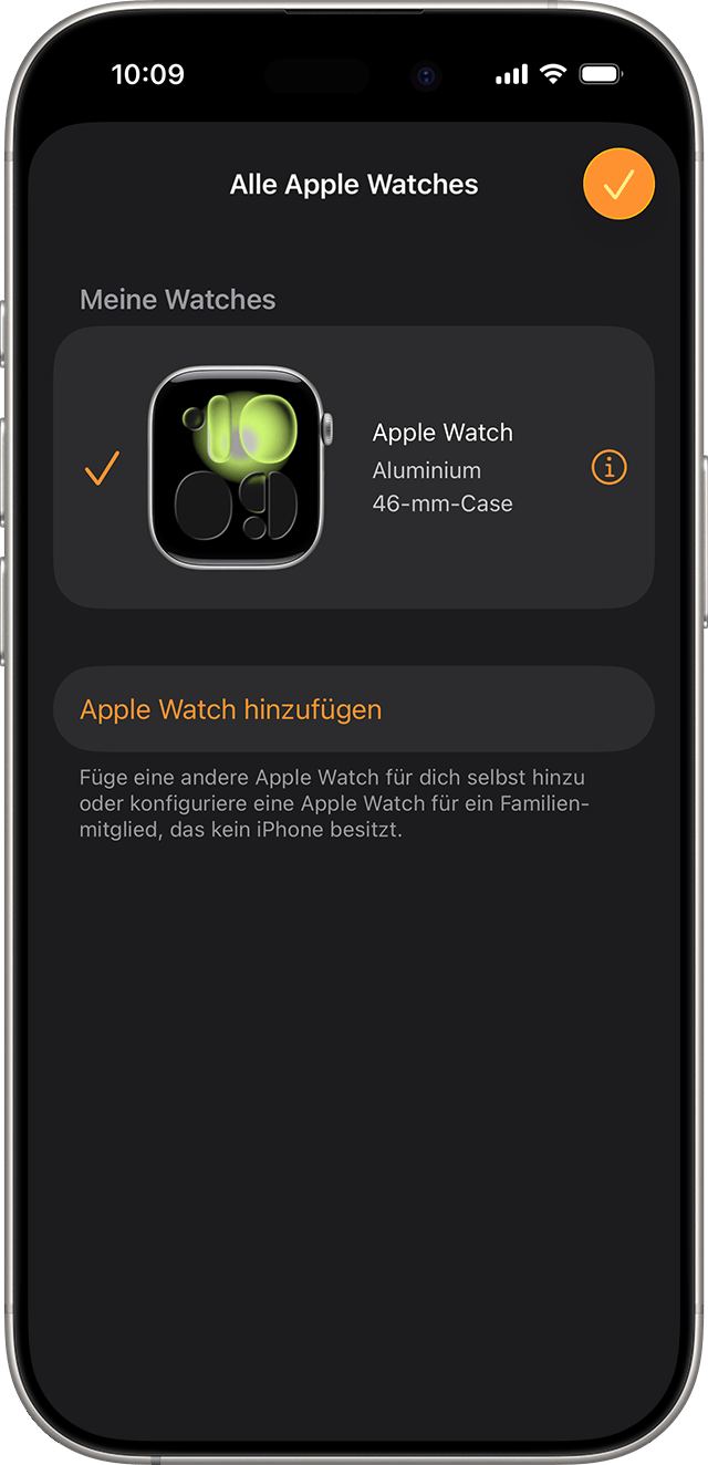 iPhone-Bildschirm, auf dem „Alle Apple Watches“ in Apple Watch-App angezeigt werden