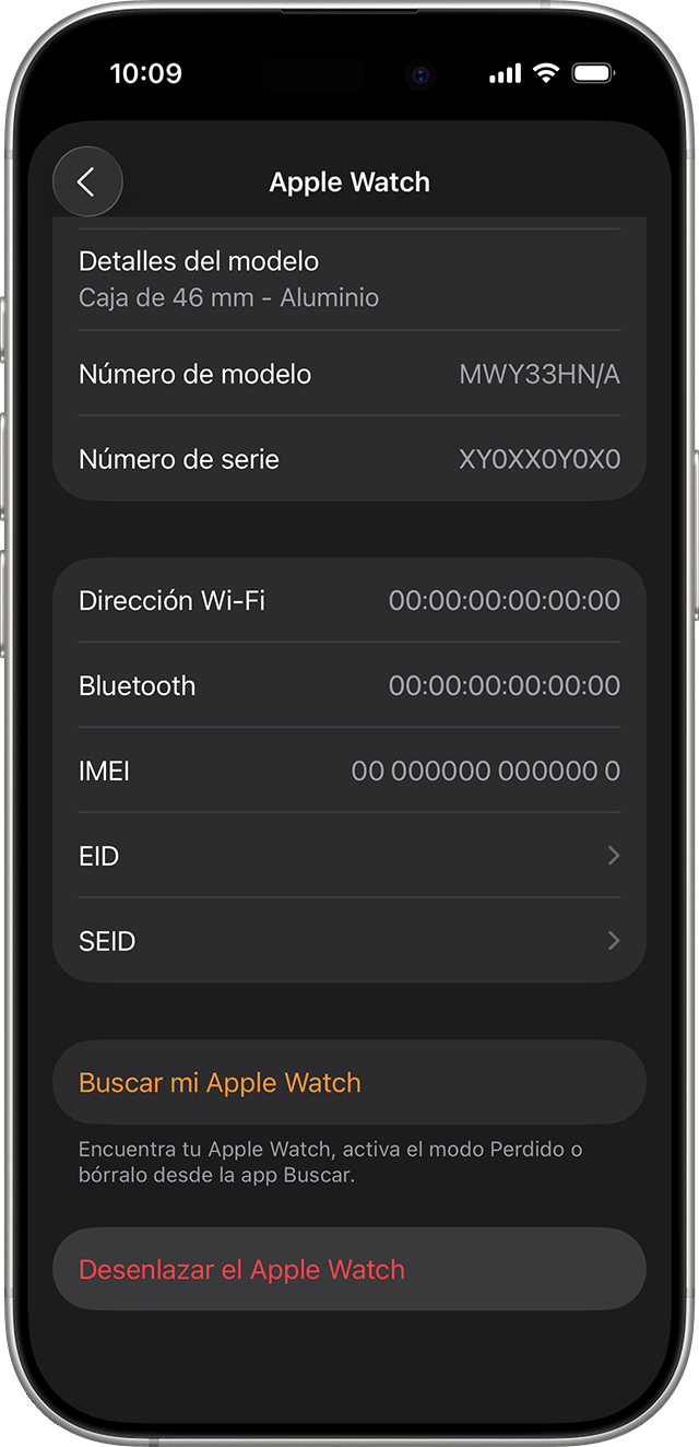 Pantalla de iPhone en la que puede verse la opción Desenlazar el Apple Watch