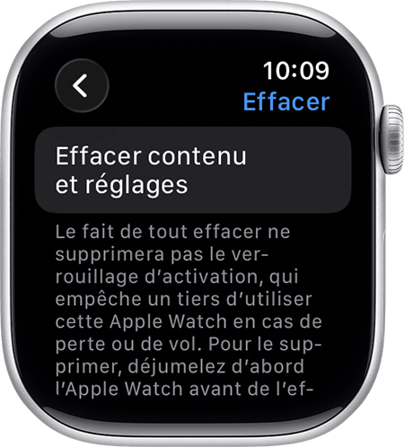L’Apple Watch affiche Effacer contenu et réglages