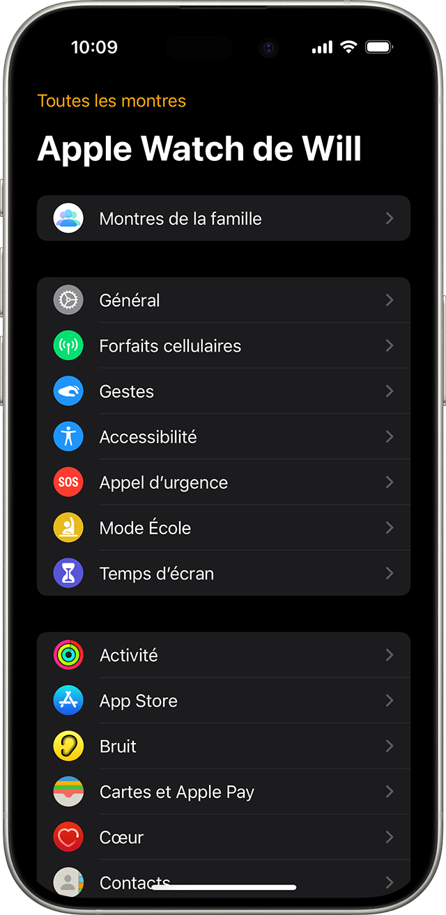 iPhone affichant l’écran Réglages d’une Apple Watch gérée