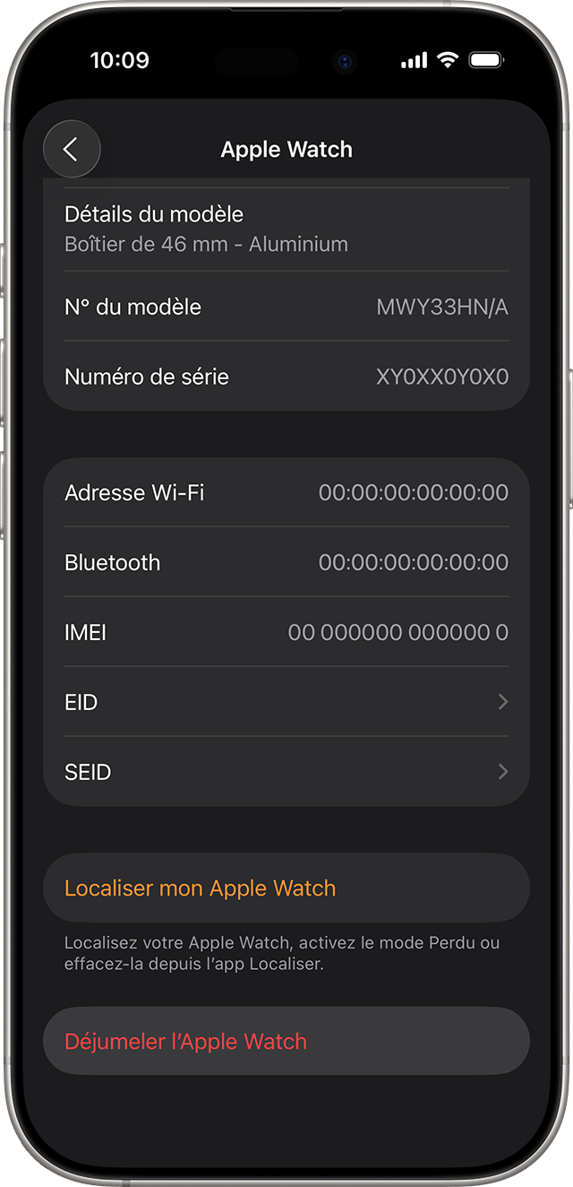 iPhone affichant l’option Déjumeler l’Apple Watch