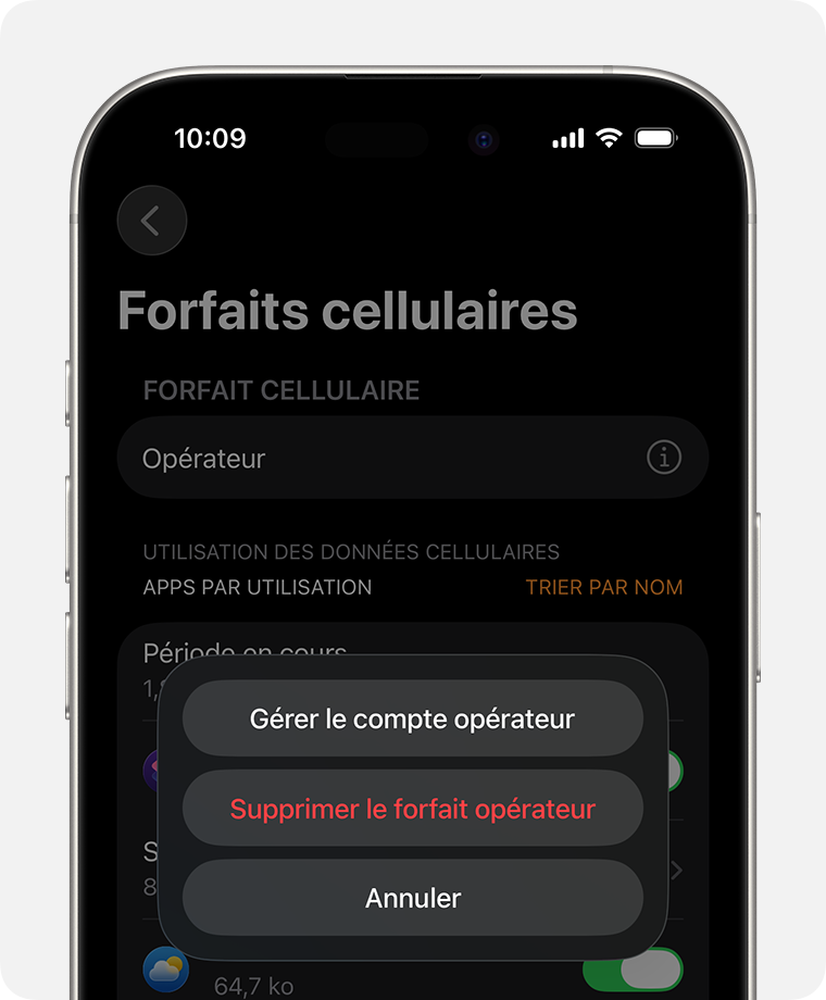 iPhone affichant l’écran Forfaits cellulaires dans l’app Watch