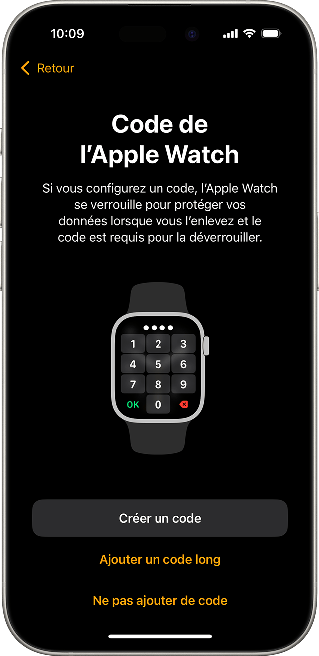 iPhone affichant l’écran de configuration du code d’accès de l’Apple Watch