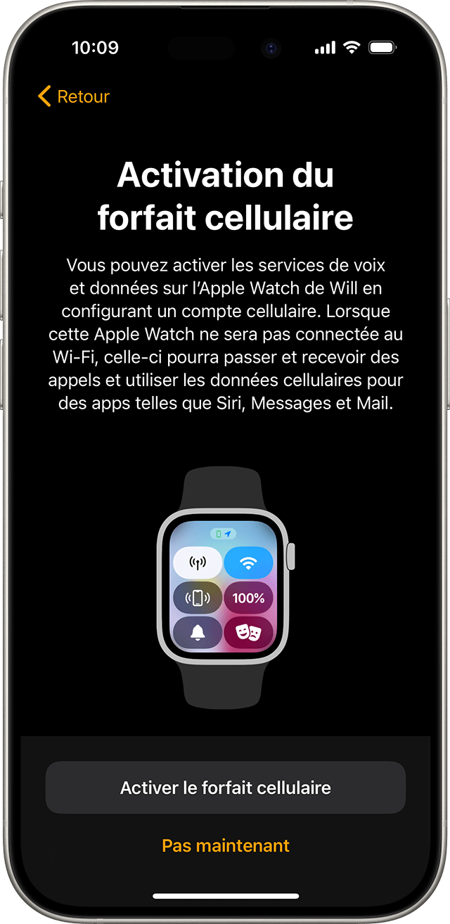 iPhone affichant l’écran de configuration de la connectivité mobile de l’Apple Watch