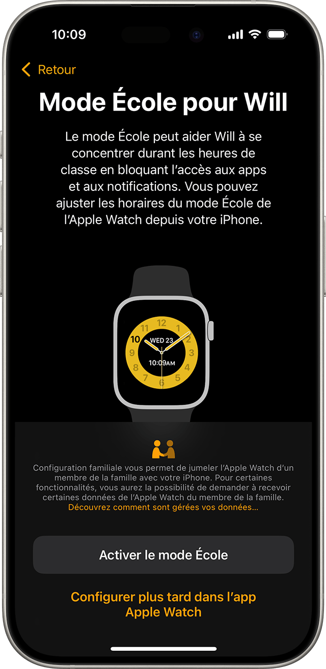 iPhone affichant l’écran de configuration du mode École de l’Apple Watch