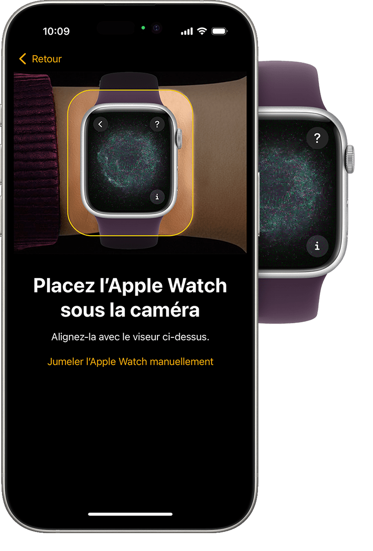 Apple Watch et iPhone affichant l’animation de jumelage sur chaque appareil