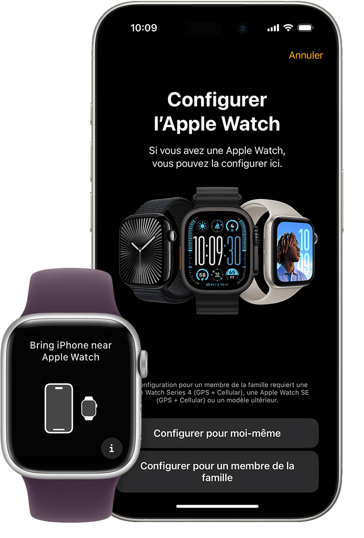 Apple Watch et iPhone affichant les écrans de jumelage sur chaque appareil