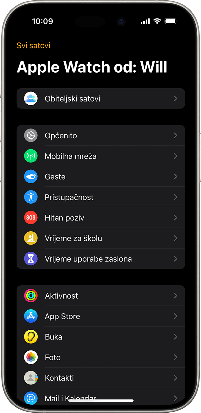 iPhone s prikazom zaslona Postavke za upravljani Apple Watch uređaj