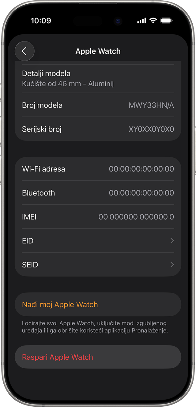Zaslon iPhone uređaja na kojem se prikazuje opcija Raspari Apple Watch