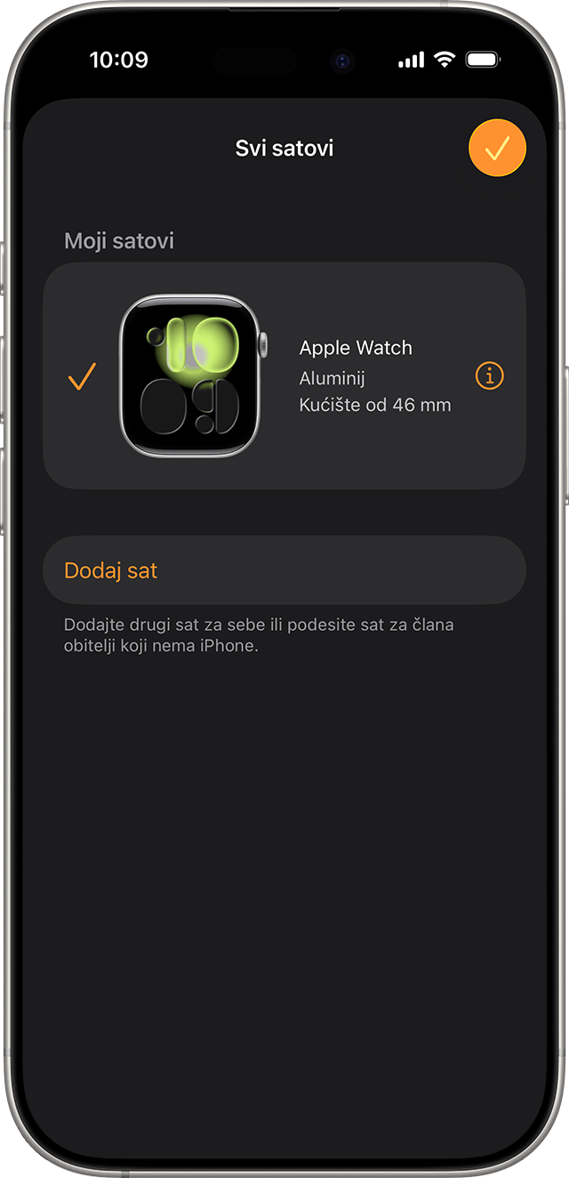 Zaslon iPhone uređaja na kojem se prikazuju svi satovi u aplikaciji Apple Watch