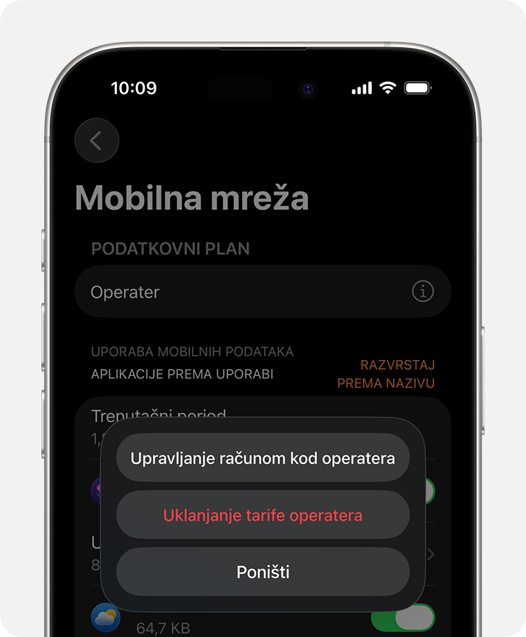 iPhone s prikazom zaslona Mobilni podaci u aplikaciji Watch