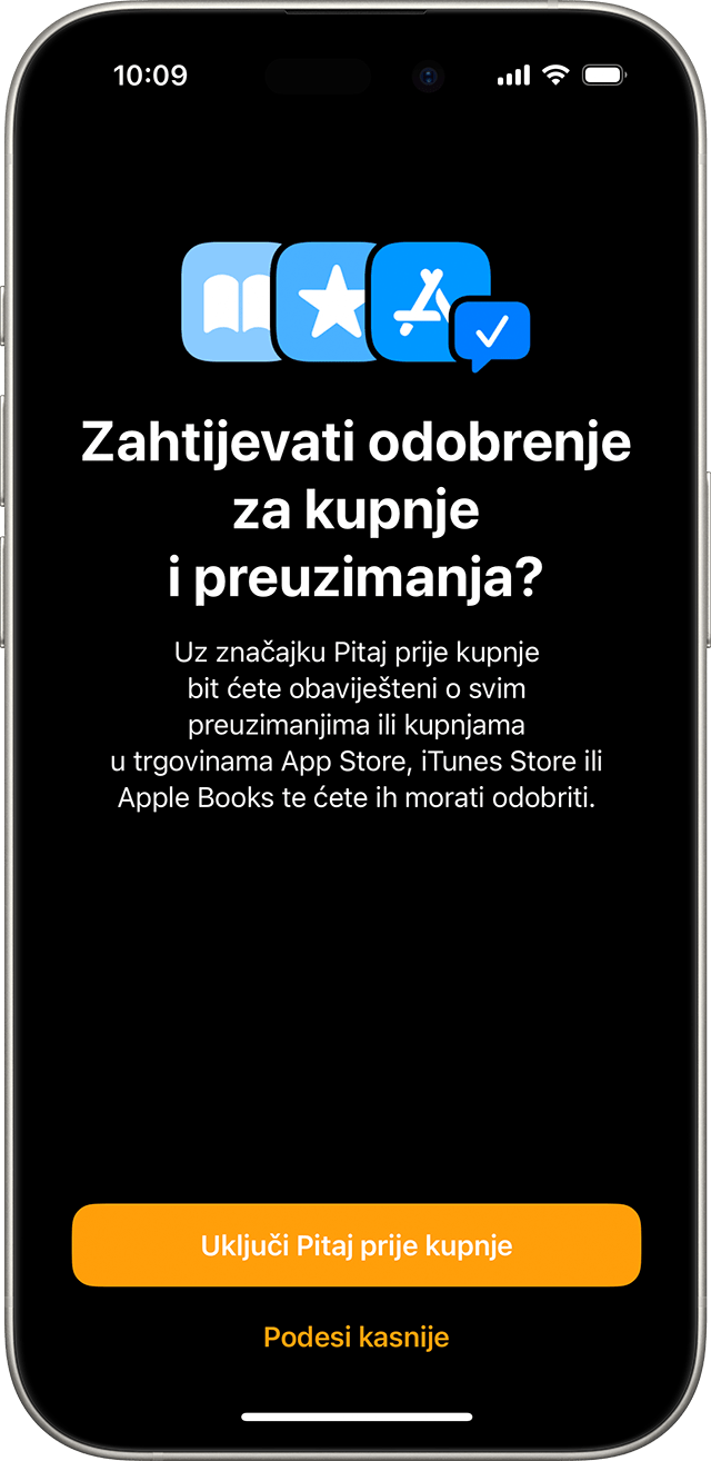 iPhone s prikazom zaslona na kojem korisnik uključuje značajku Pitaj prije kupnje