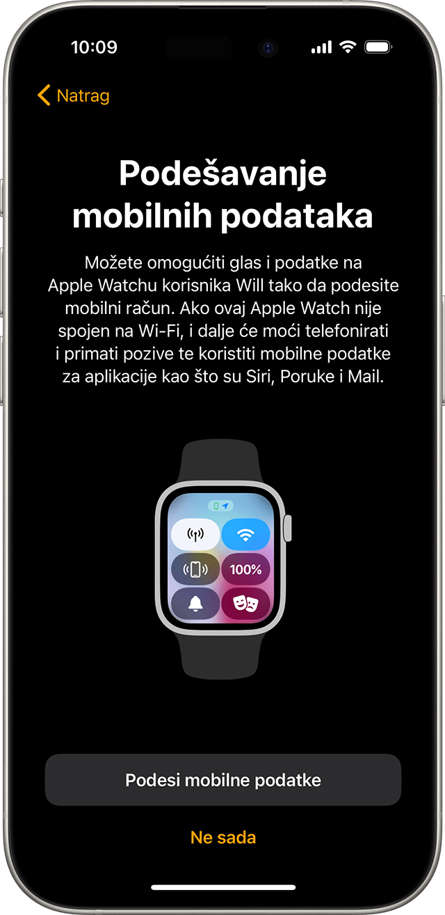 iPhone s prikazom zaslona za postavljanje mobilne mreže za Apple Watch