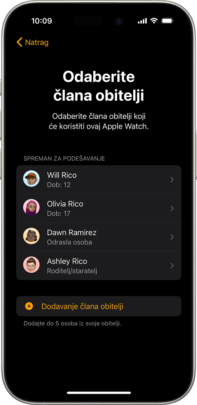 iPhone s prikazom zaslona na kojem korisnik odabire člana obitelji koji će koristiti sat