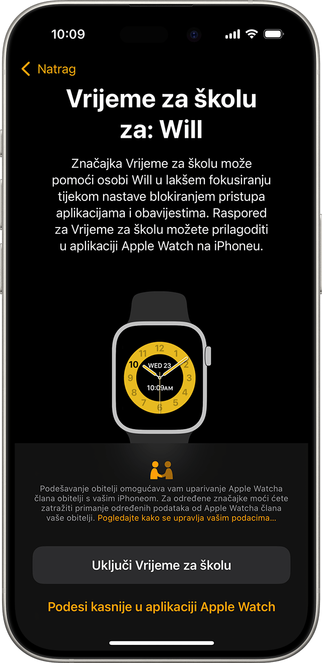 iPhone s prikazom zaslona za postavljanje značajke Vrijeme za školu na Apple Watch uređaju