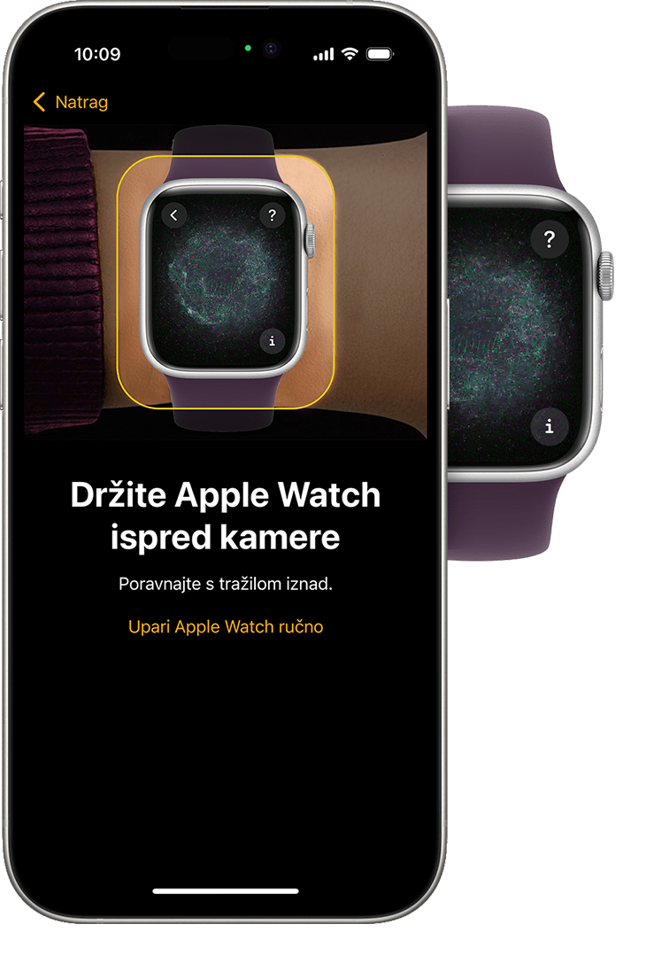 Na Apple Watch i iPhone uređaju s prikazom animacije uparivanja na svakom uređaju