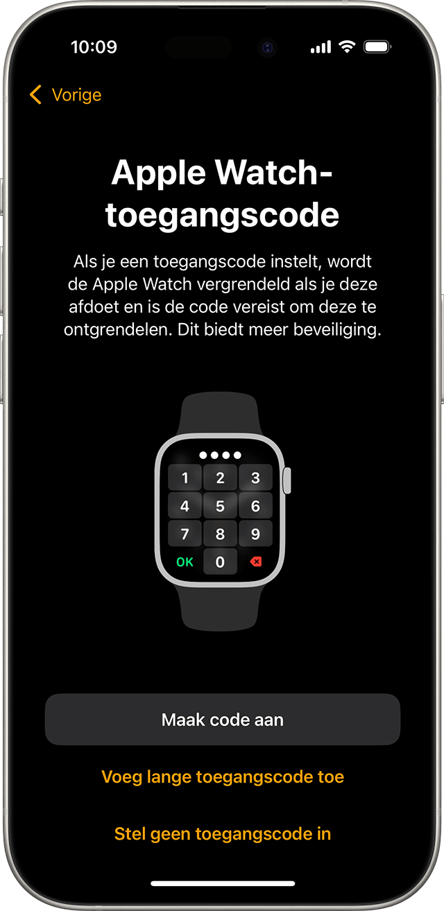 iPhone met het scherm voor het configureren van de Apple Watch-toegangscode