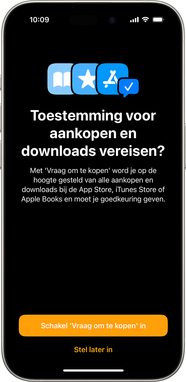 iPhone met het scherm waarop een gebruiker de functie 'Vraag om te kopen' inschakelt
