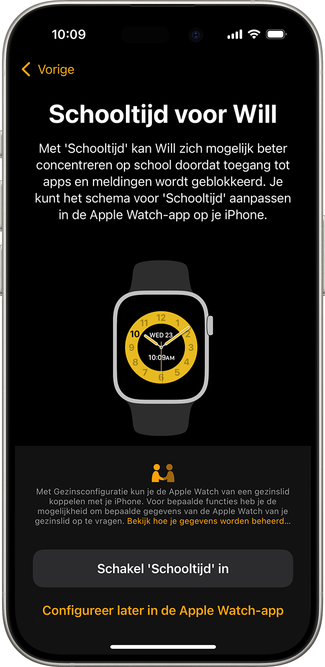iPhone met het scherm voor het instellen van de Schooltijd op de Apple Watch