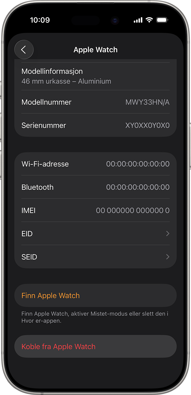iPhone-skjem som viser alternativet Koble fra Apple Watch