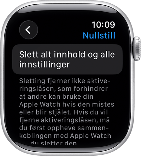 Apple Watch som viser Slett alt innhold og alle innstillinger