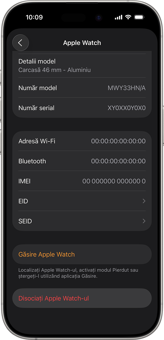 Un ecran de iPhone care afișează opțiunea Disociați Apple Watch-ul