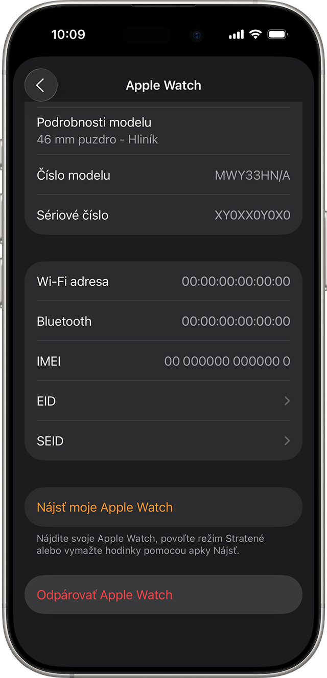 Obrazovka iPhonu zobrazujúca možnosť Odpárovať Apple Watch